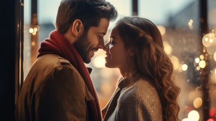 Loving couple celebrating Christmas at home. Man and woman in a seasonal winter interior. The concept of holidays.