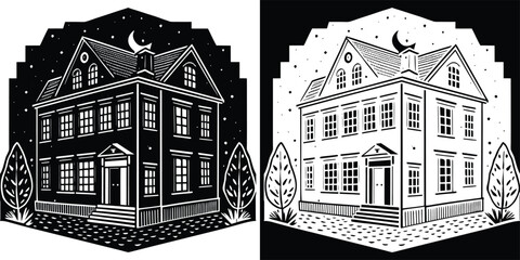 Captivating linocut style house under starry night sky with crescent moon, perfect for spooky or vintage themes