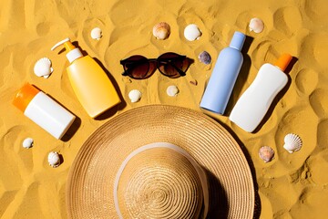Summer beach essentials sunscreen, hat, sunglasses