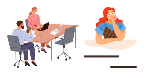A team brainstorms at a desk with laptops and papers, while a woman reflects alone, symbolizing teamwork, contemplation, decision-making, creativity, strategy, problem-solving and focus. A simple