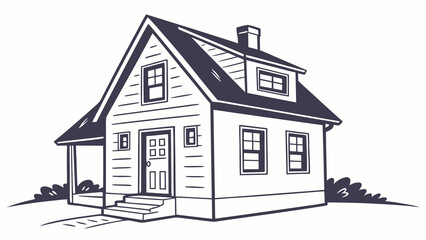 A charming stylized line art illustration of a classic american suburban house with a pitched roof dormer window front porch and chimney set against a white background