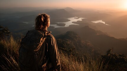 A hiker with backpack contemplates scenic mountain landscape du golden hour sunset in nature outdoors.