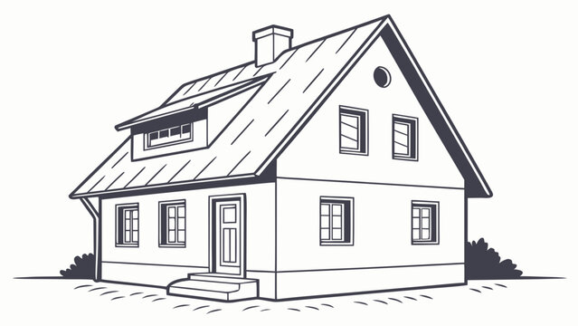 A charming two story detached house with a pitched roof dormer window chimney and multiple windows depicted in a clean minimalist line art style