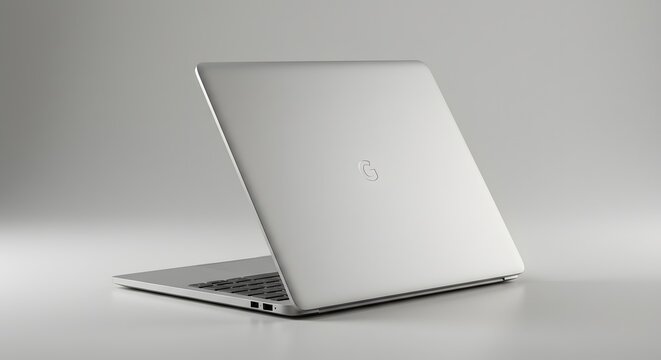 A silver laptop with the Google logo on its closed lid sits at a slight angle on a light gray surface