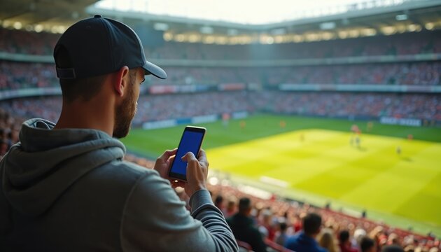 Man wearing baseball cap checks phone at sports event. Distracted spectator experiences concern, possibly due to social media rumors. Fans fill stadium seats watching game. Smartphone use impacts fan