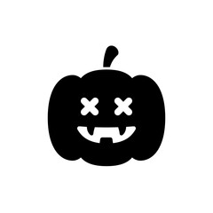 A black silhouette of a carved pumpkin with crossed-out eyes and a smiling mouth.