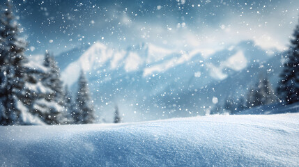 Winter snowy mountains and forest scenery. Beautiful natural landscape with snow and cold air