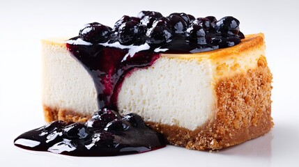 A picture of cheesecake slice with blueberry topping on a white studio background