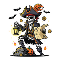 A skeletal pirate, adorned in a hat and coat, holds a map and lantern, standing on a rock.