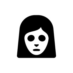 Black and white silhouette icon of a creepy female ghost face with hollow eyes and expressionless mouth, resembling a horror mask or haunted spirit