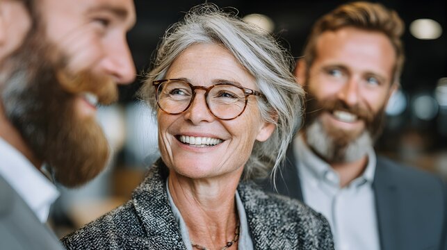 Happy mature businesswoman smiles with two bearded men in business suits du informal office meeting. - Powered by Adobe