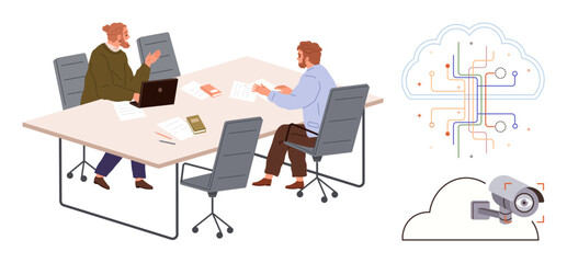 Two men collaborate at a table with laptop and documents, surrounded by concepts of cloud computing, security. Ideal for teamwork, technology, innovation, digital transformation, cybersecurity