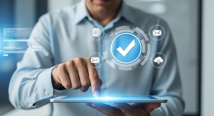 Modern businessman using tablet with digital checkmark for workflow automation and efficient task management