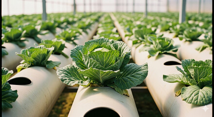 Close-up of a healthy green cabbage plant amidst rows in a hydroponic greenhouse, highlighted by warm natural light.
