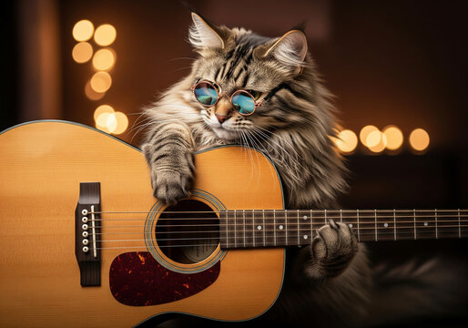 Cool cat wearing sunglass and playing guitar funny pet animal stock photo