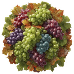 Assortment of ripe green red purple and blue grapes with water droplets surrounded by autumn leaves