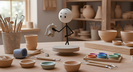 Animated stick figure character crafting pottery in a bright studio, surrounded by clay tools and ceramic pieces, representing creativity.