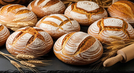 Artisan sourdough bread loaves fresh baked homemade food with a rustic look on a dark surface