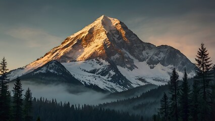 Majestic snow capped mountain peak bathed in golden sunrise light