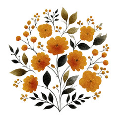 Obraz premium Watercolor arrangement of golden yellow flowers with dark leaves and berries
