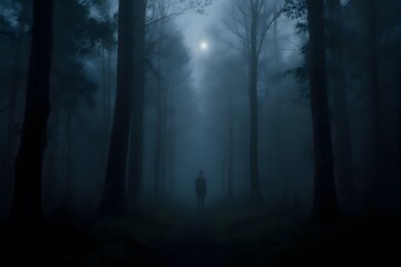 Dark forest, foggy, solitary figure, night, moonlight