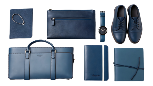 Leather accessories and footwear in deep navy isolated on a transparent background blue
