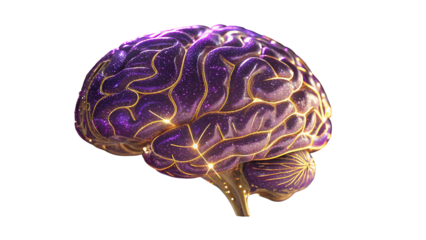 Luminous purple brain with golden neural pathways isolated on a transparent background image