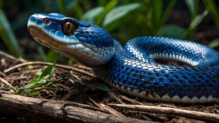 Obraz premium Close up of a vibrant blue pit viper with orange eyes in a forest setting