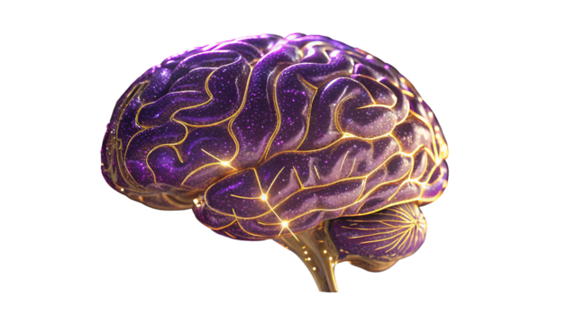 Luminous purple brain with golden neural pathways isolated on a transparent background image