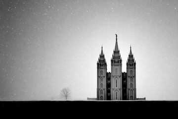 Obraz premium majestic silhouette of temple stands against pristine snowy horizon filled with soft glistening snowflakes