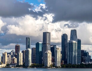 Obraz premium City Skyline, Cloudy Day, Waterfront View