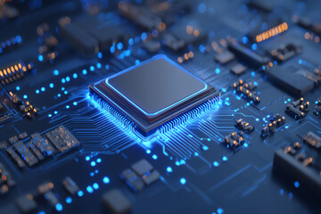 Close-up of a glowing blue microchip on a circuit board with intricate electronic pathways and components, highlighting modern technology and microprocessor design