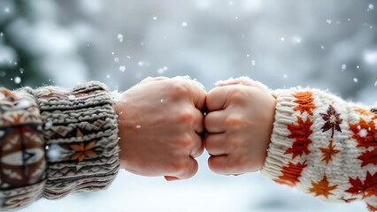 Symbolic winter moment of parent and child fists touching in wool knitted sweaters with snowflakes. Represents trust, strength, bonding, and family unity
