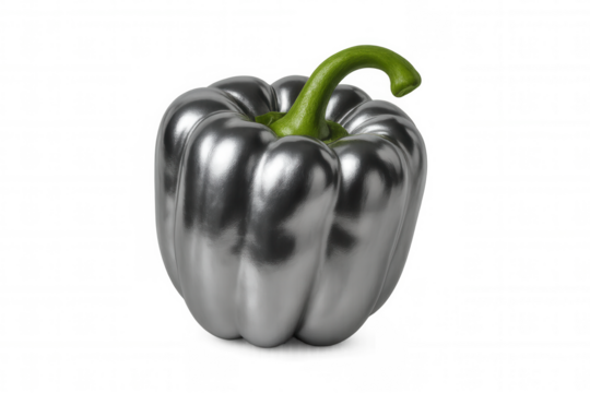Silver bell pepper with green stalk isolated on transparent background, creating a unique and visually striking image