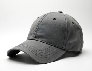 Fototapeta premium Gray baseball cap crafted from durable fabric, featuring classic six-panel design, curved brim. Versatile headwear accessory perfect for everyday wear, sports, fashion styling. Isolated on clean
