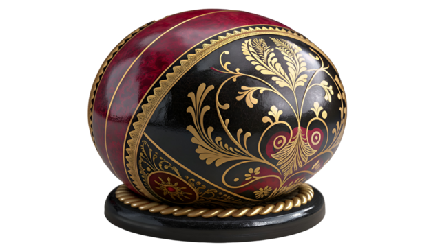 Ornate gilded sphere with red and black panels isolated on a transparent background image