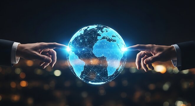 Global business network connecting worldwide digitally with international data exchange and modern technology solutions