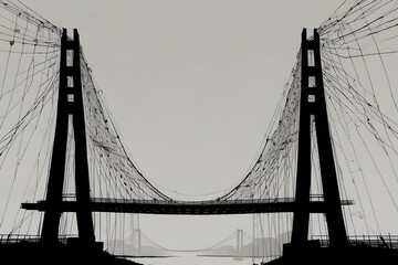 Fototapeta premium Black and white photograph of a large suspension bridge with steel cables and tall towers in architectural perspective