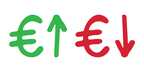 Hand drawn euro currency symbol Growth and fall profit with arrow up and down Brush stroke doodle Element for design