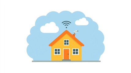 Flat Vector Smart Home Icon with CCTV, Cloud Storage, and Wi-Fi Signal – Modern Security Concept