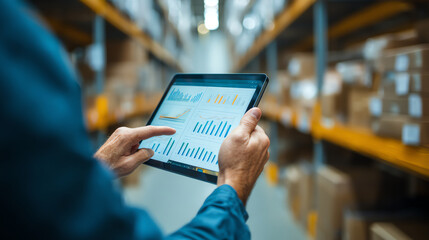 Person using a tablet to analyze data charts and graphs in a warehouse filled with shelves and boxes
