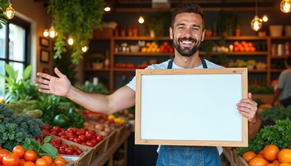 Smiling market seller proudly displays blank sign in vibrant grocery store, abundant with fresh produce. Man in apron gestures towards colorful arrangement of fruits, vegetables, inviting customers.