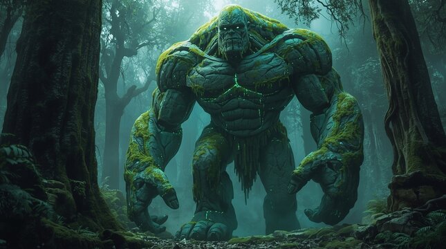A colossal glowing moss covered golem wandering through an ancient forest