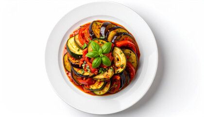 Elegantly plated ratatouille, a traditional French vegetable stew with zucchini, eggplant, and tomato, garnished with fresh basil, viewed from above