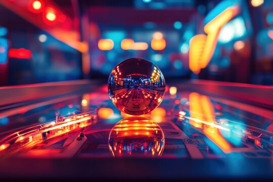 A classic pinball machine glowing under arcade lights, metallic ball in motion, clean and professional composition, copy space, natural color, minimalism, stock photography