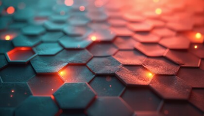 Abstract background futuristic hexagonal pattern with glowing lights in blue, orange hues. Intricate geometric structure with illuminated points suggests network connections, advanced technology.