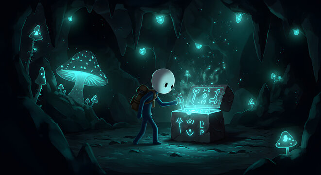 Cartoon adventurer discovers glowing treasure chest in mystical cave with luminous mushrooms and spirits - Powered by Adobe