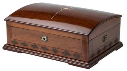 Polished mahogany jewelry box with inlaid details and ornate hardware isolated on a transparent background