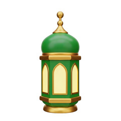 3d icon of a traditional islamic lantern with a green dome and gold accents, isolated on a transparent background
