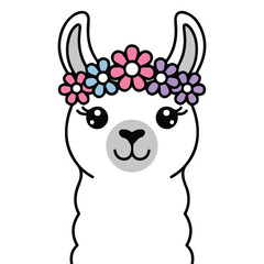 Flat cartoon cute white lama face with flowers vector illustration on pink background